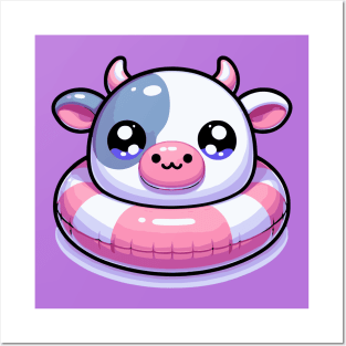 Kawaii Cow on a Pool Float Posters and Art